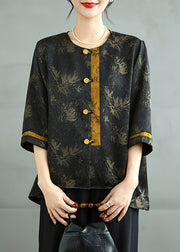 Art Black Print Chinese Button Silk Shirt Top Bracelet Sleeve