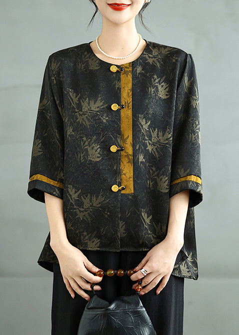 Art Black Print Chinese Button Silk Shirt Top Bracelet Sleeve