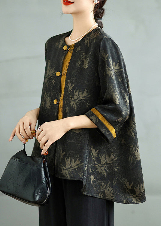 Art Black Print Chinese Button Silk Shirt Top Bracelet Sleeve