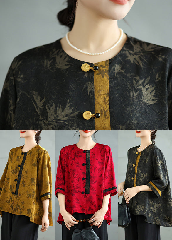 Art Black Print Chinese Button Silk Shirt Top Bracelet Sleeve