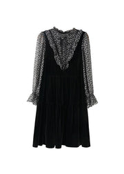 Art Black Print Patchwork Fake Two Pieces Silk Velour Mid Dress Fall