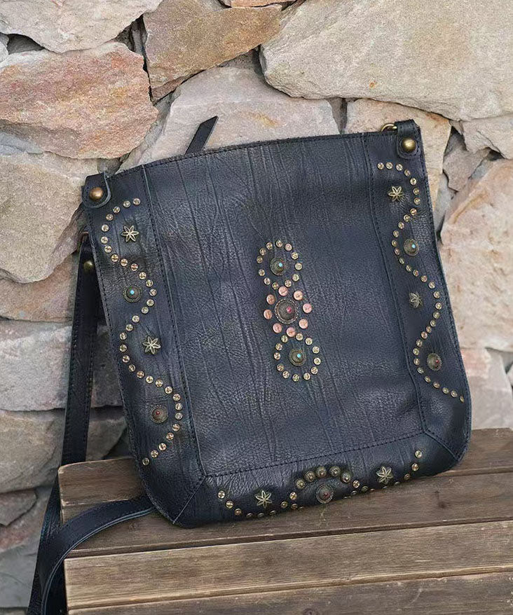 Art Black Rivet Solid Durable Leather CrossBody Messenger Bag