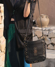Art Black Rivet Solid Durable Leather CrossBody Messenger Bag