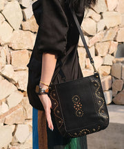 Art Black Rivet Solid Durable Leather CrossBody Messenger Bag
