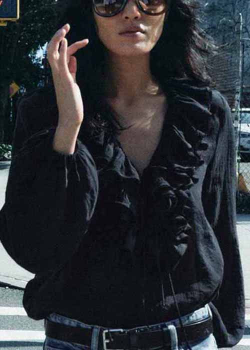Art Black Ruffled Lace Up Cotton Blouse Fall