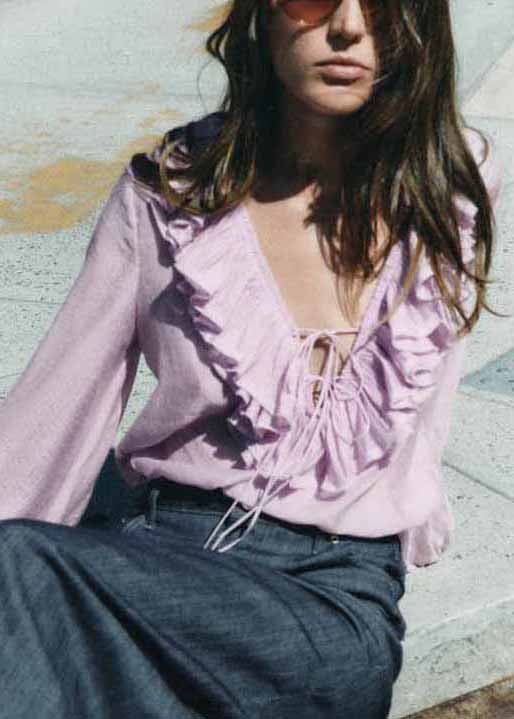 Art Black Ruffled Lace Up Cotton Blouse Fall