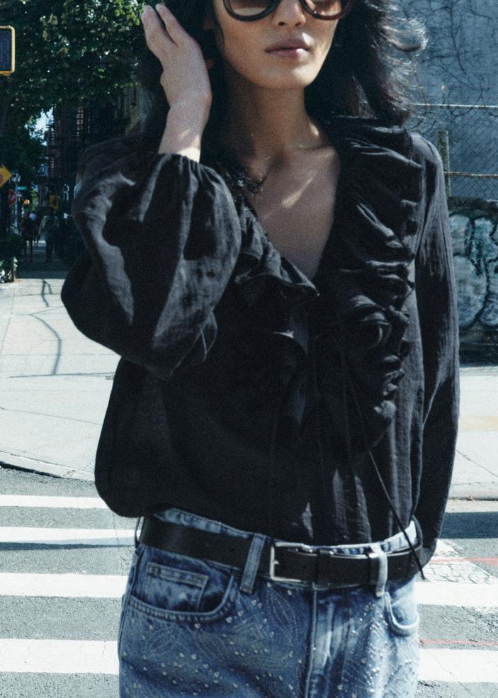 Art Black Ruffled Lace Up Cotton Blouse Fall