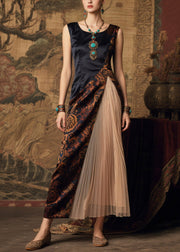 Art Black Side Open Patchwork Silk Vestidos Dresses Summer