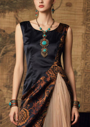 Art Black Side Open Patchwork Silk Vestidos Dresses Summer