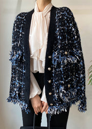 Art Black V Neck Button Pockets Knitted Cotton Coats Fall