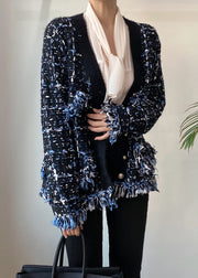 Art Black V Neck Button Pockets Knitted Cotton Coats Fall