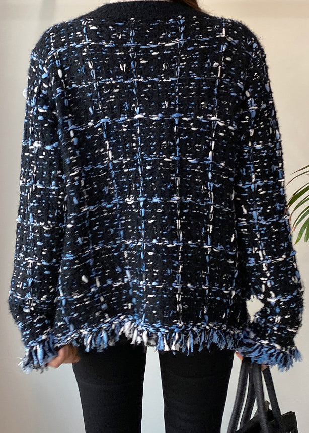 Art Black V Neck Button Pockets Knitted Cotton Coats Fall