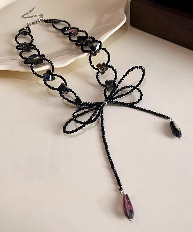 Art Black Weave Bow Hollow Out Lariat Necklace