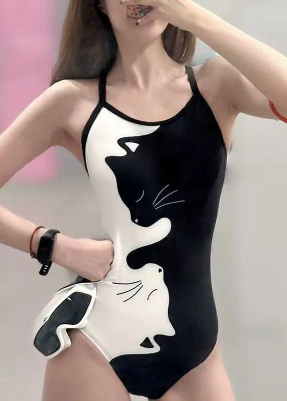 Art Black White Little Cats Print Bodysuit