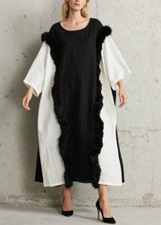 Art Black White Oversized Patchwork Faux Fur Dresses Oversized Fall