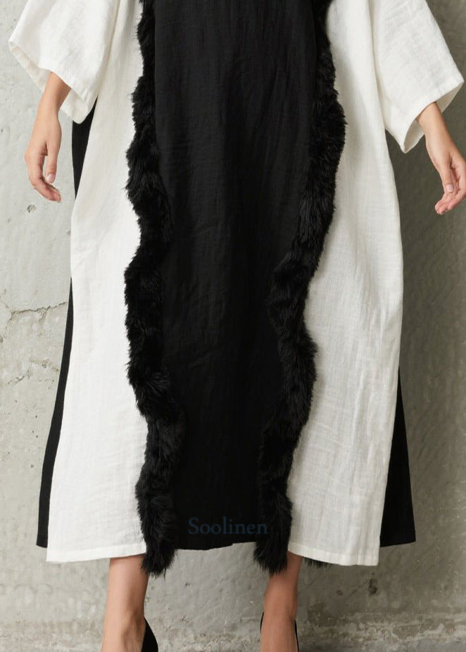 Art Black White Oversized Patchwork Faux Fur Dresses Oversized Fall