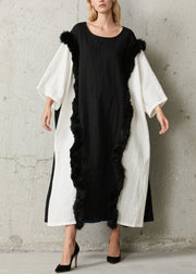 Art Black White Oversized Patchwork Faux Fur Dresses Oversized Fall