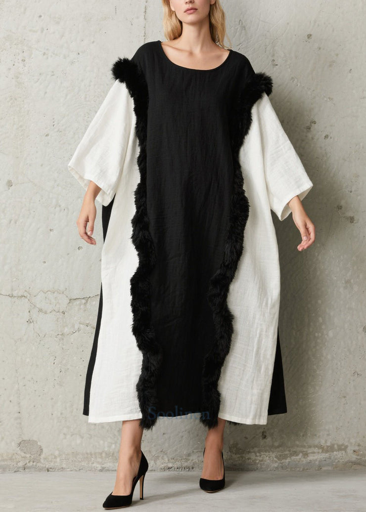 Art Black White Oversized Patchwork Faux Fur Dresses Oversized Fall