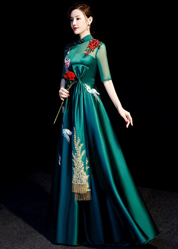 Art Blackish Green Stand Collar Embroidered Patchwork Ankle Dress Summer
