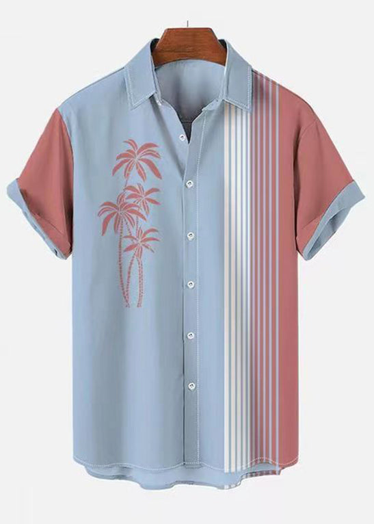 Art Blue Asymmetrical Striped Patchwork Cotton Mens Shirts Summer