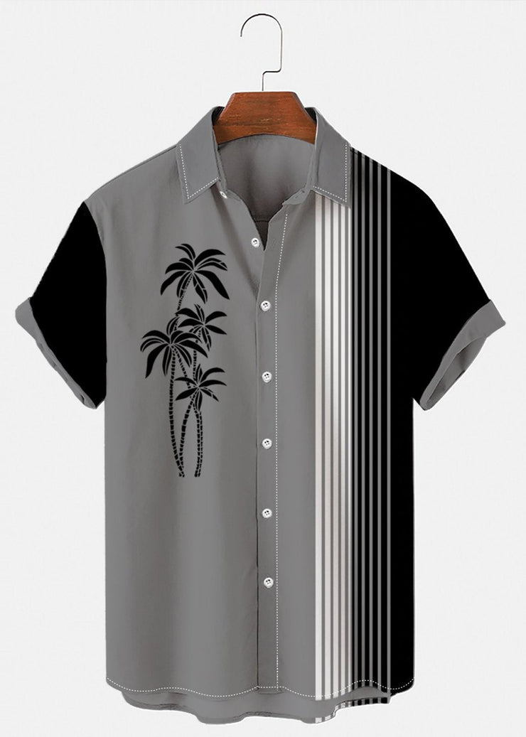 Art Blue Asymmetrical Striped Patchwork Cotton Mens Shirts Summer