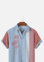 Art Blue Asymmetrical Striped Patchwork Cotton Mens Shirts Summer
