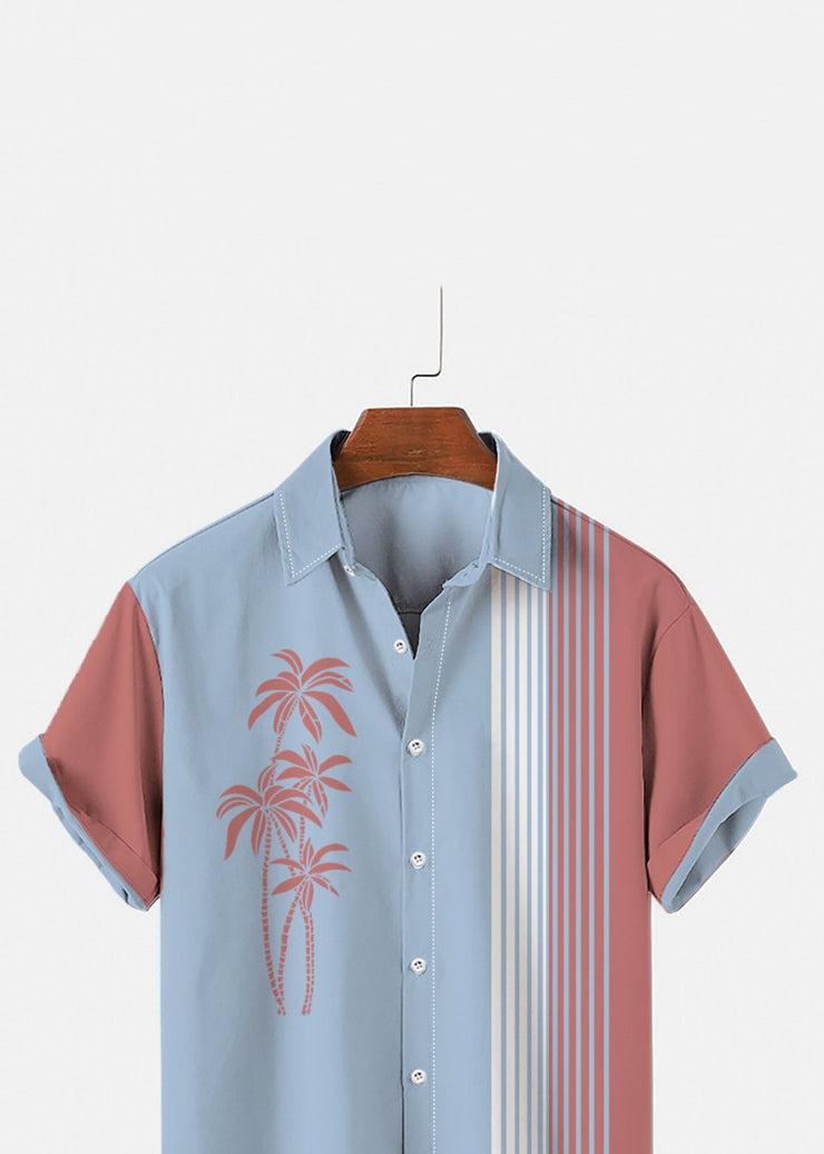 Art Blue Asymmetrical Striped Patchwork Cotton Mens Shirts Summer