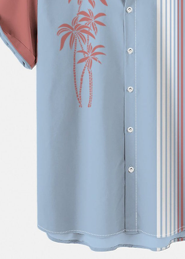 Art Blue Asymmetrical Striped Patchwork Cotton Mens Shirts Summer