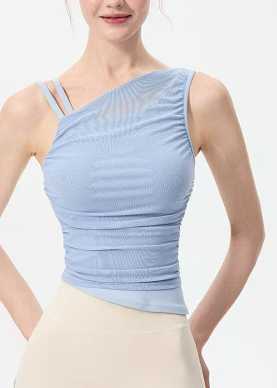 Art Blue Asymmetrical Tulle Patchwork Yoga Top Summer