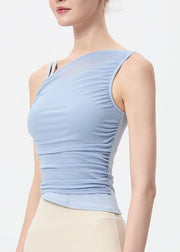 Art Blue Asymmetrical Tulle Patchwork Yoga Top Summer