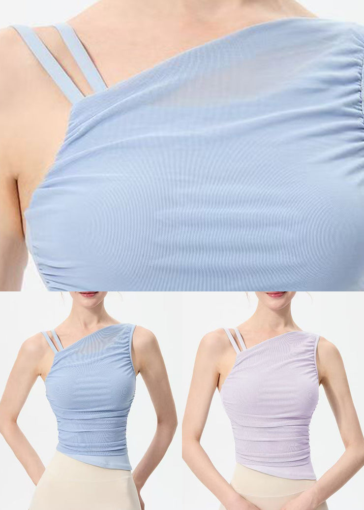 Art Blue Asymmetrical Tulle Patchwork Yoga Top Summer