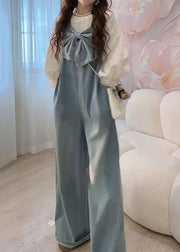 Art Blue Bow Pockets Denim Wide Leg Pants Jumpsuits Sleeveless