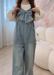 Art Blue Bow Pockets Denim Wide Leg Pants Jumpsuits Sleeveless
