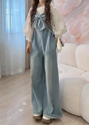 Art Blue Bow Pockets Denim Wide Leg Pants Jumpsuits Sleeveless