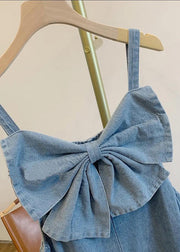 Art Blue Bow Pockets Denim Wide Leg Pants Jumpsuits Sleeveless