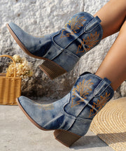 Art Blue Embossed Boots Splicing Chunky Cowboy Boots