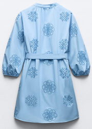 Art Blue Embroidered Hollow Out Tie Waist Cotton Mid Dress Half Sleeve