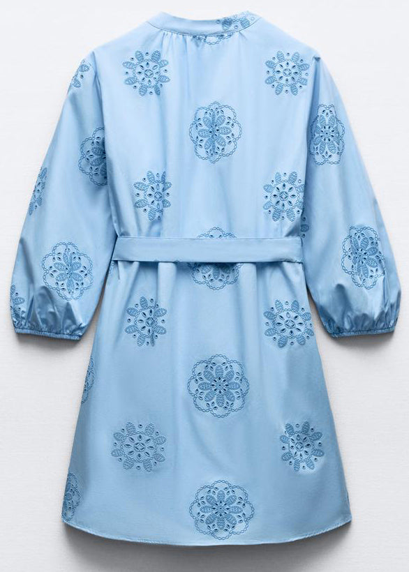 Art Blue Embroidered Hollow Out Tie Waist Cotton Mid Dress Half Sleeve