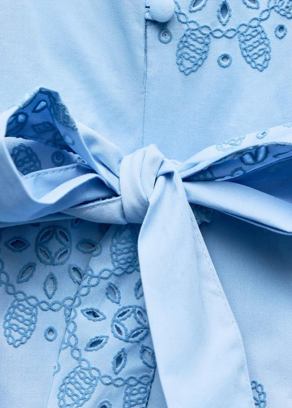 Art Blue Embroidered Hollow Out Tie Waist Cotton Mid Dress Half Sleeve