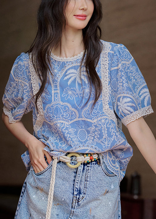 Art Blue Embroidered Lace Hollow Out Cotton Blouses Summer