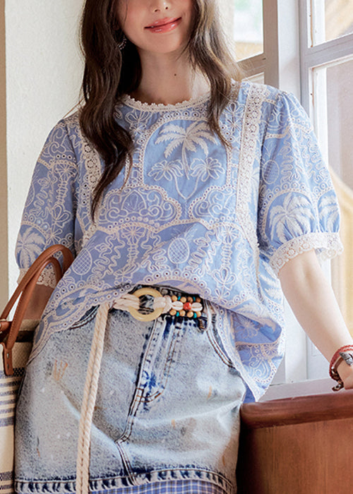 Art Blue Embroidered Lace Hollow Out Cotton Blouses Summer
