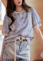 Art Blue Embroidered Lace Hollow Out Cotton Blouses Summer