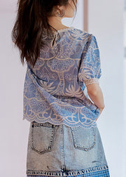 Art Blue Embroidered Lace Hollow Out Cotton Blouses Summer
