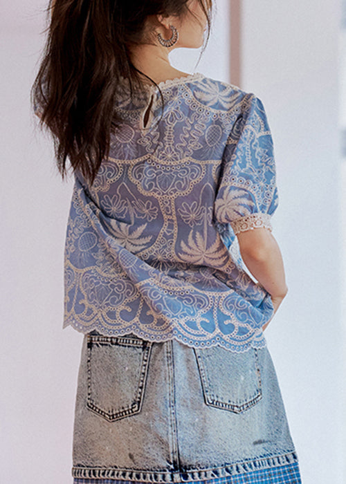 Art Blue Embroidered Lace Hollow Out Cotton Blouses Summer