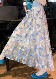 Art Blue Floral Elastic Waist Tulle Skirt Summer