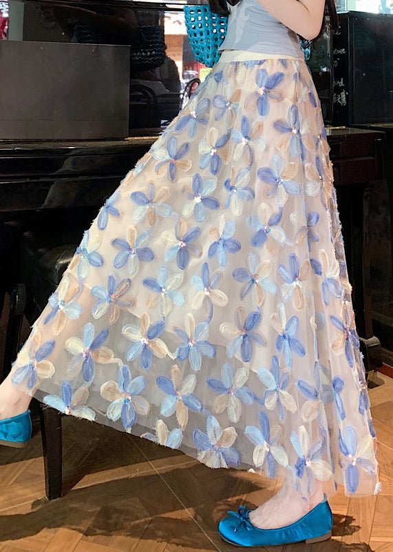 Art Blue Floral Elastic Waist Tulle Skirt Summer