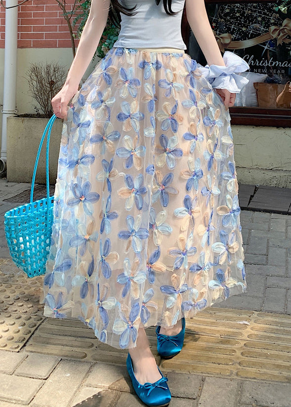 Art Blue Floral Elastic Waist Tulle Skirt Summer