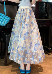 Art Blue Floral Elastic Waist Tulle Skirt Summer