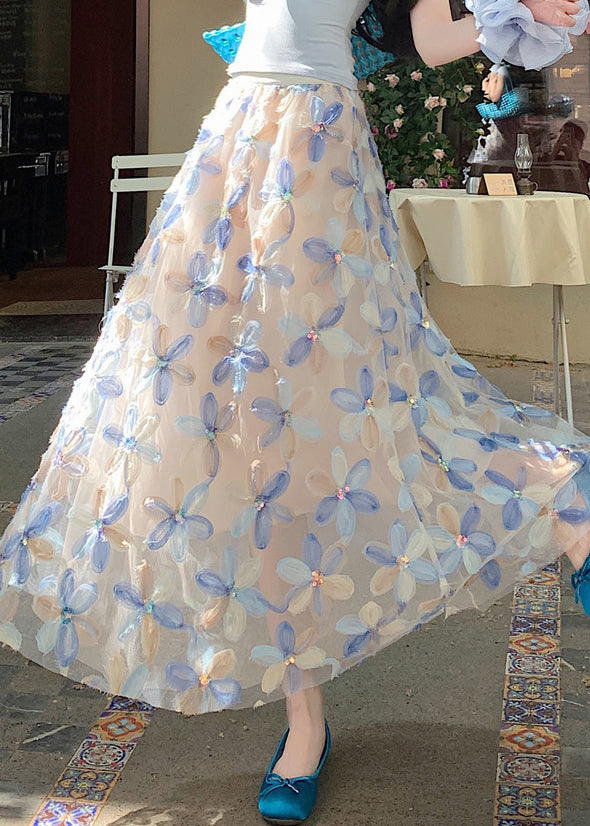Art Blue Floral Elastic Waist Tulle Skirt Summer
