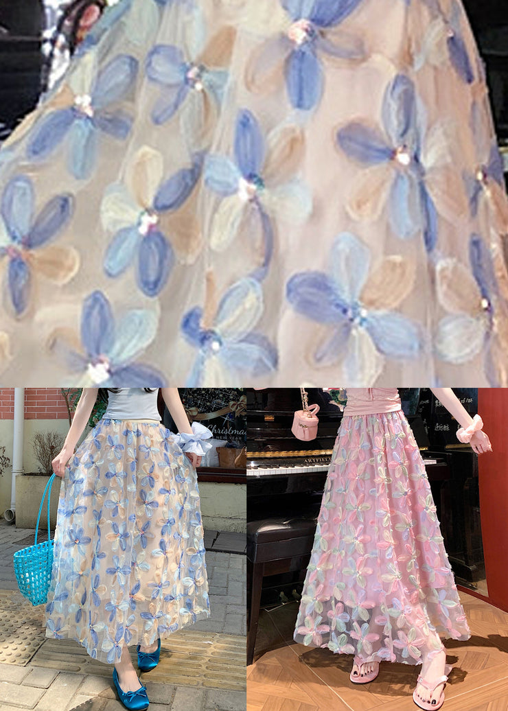 Art Blue Floral Elastic Waist Tulle Skirt Summer